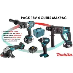 Pack de 4 outils 18 V (DDF458/DTD152/DHR202/DGA504) + 3 batteries 5 Ah + chargeur en coffret MAKPAC - MAKITA Offre Limitée