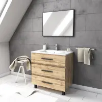 Meilleur Choix Ensemble meuble de salle de bain - Chene industriel - tiroirs -pieds en aluminium noir mat - miroir
