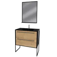 Ensemble de salle de bain - vasque effet pierre 80x50 - 2 tiroirs chêne naturel - miroir Must-Have