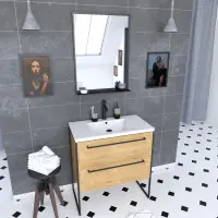 Populaire Meuble de salle de bain 80x50cm - vasque blanche - 2 tiroirs finition chêne naturel + miroir